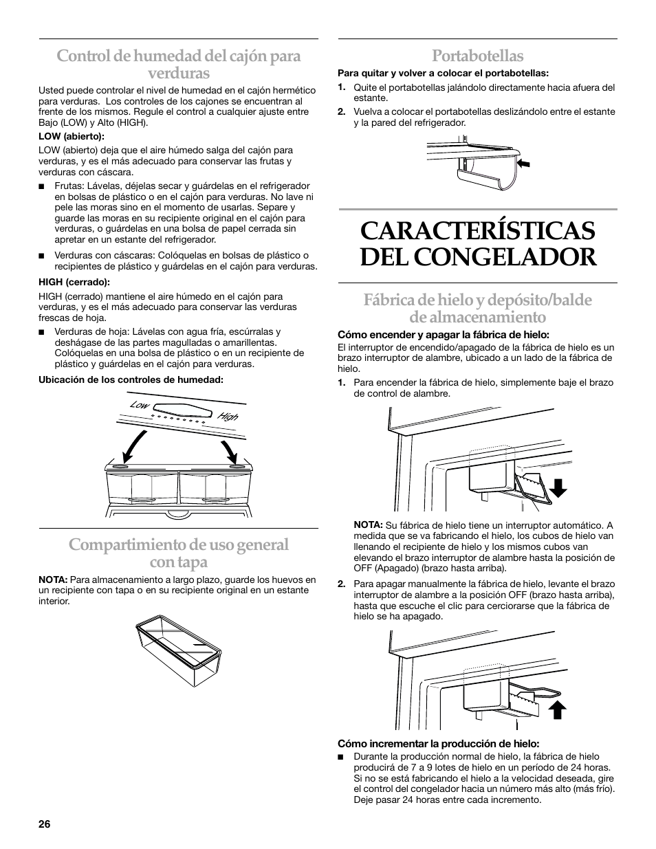 Características del congelador, Control de humedad del cajón para verduras, Compartimiento de uso general con tapa | Portabotellas | KITCHENAID 2215851A User Manual | Page 25 / 51