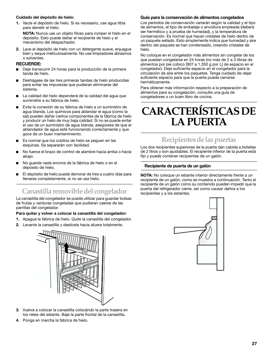 Características de la puerta, Canastilla removible del congelador, Recipientes de las puertas | KITCHENAID 2215851A User Manual | Page 26 / 51