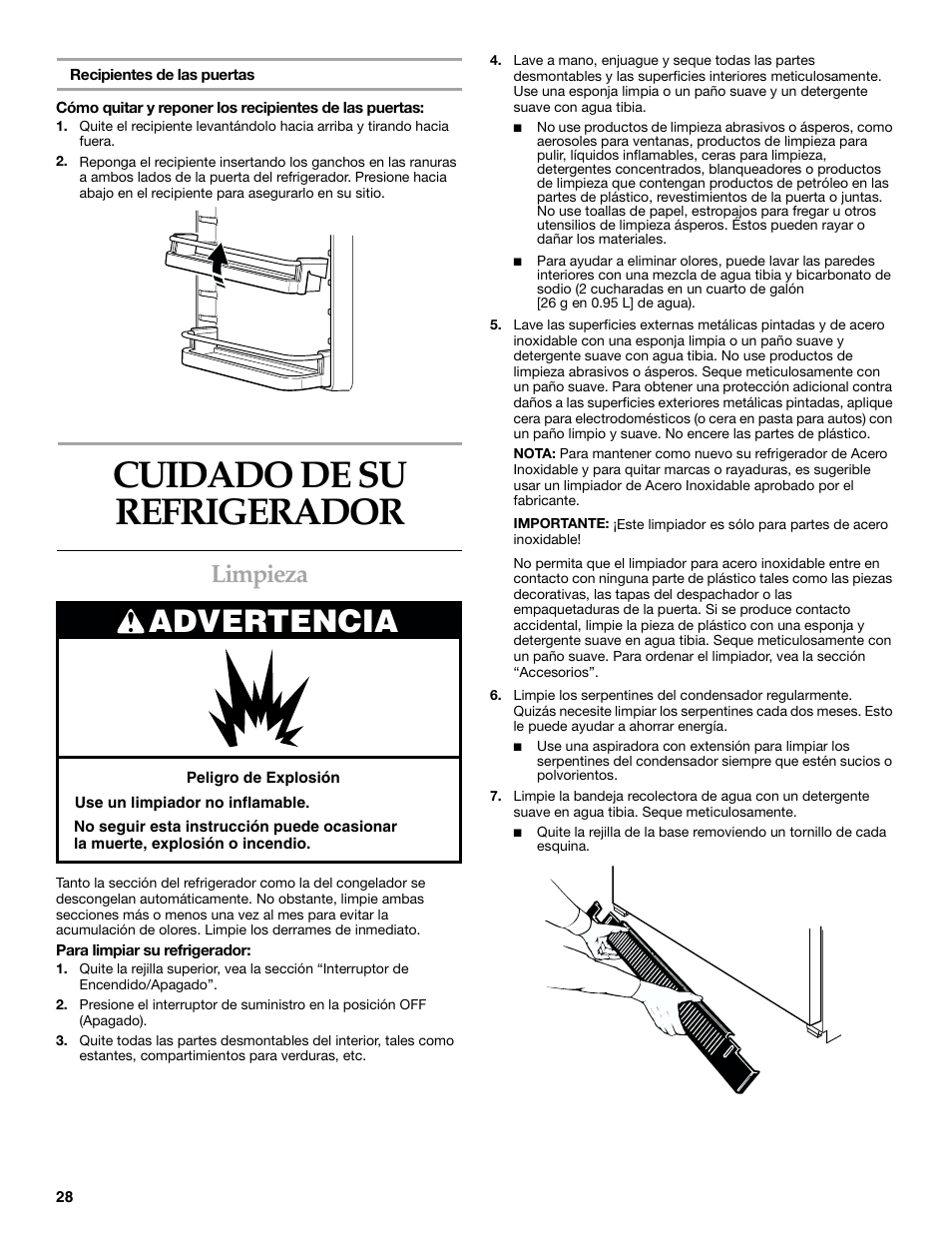 Cuidado de su refrigerador, Advertencia, Limpieza | KITCHENAID 2215851A User Manual | Page 27 / 51