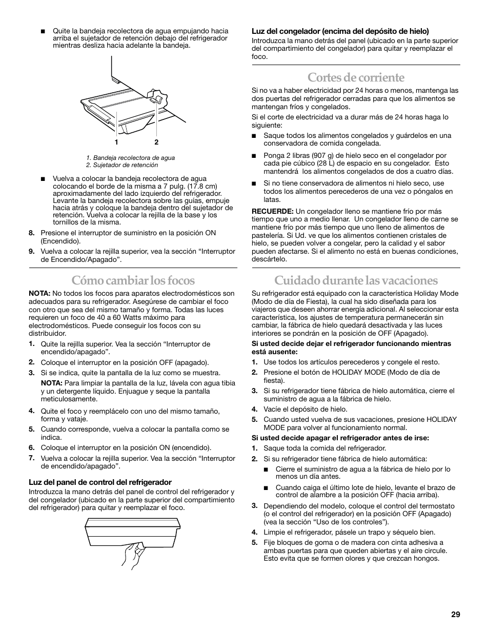 Cómo cambiar los focos, Cortes de corriente, Cuidado durante las vacaciones | KITCHENAID 2215851A User Manual | Page 28 / 51