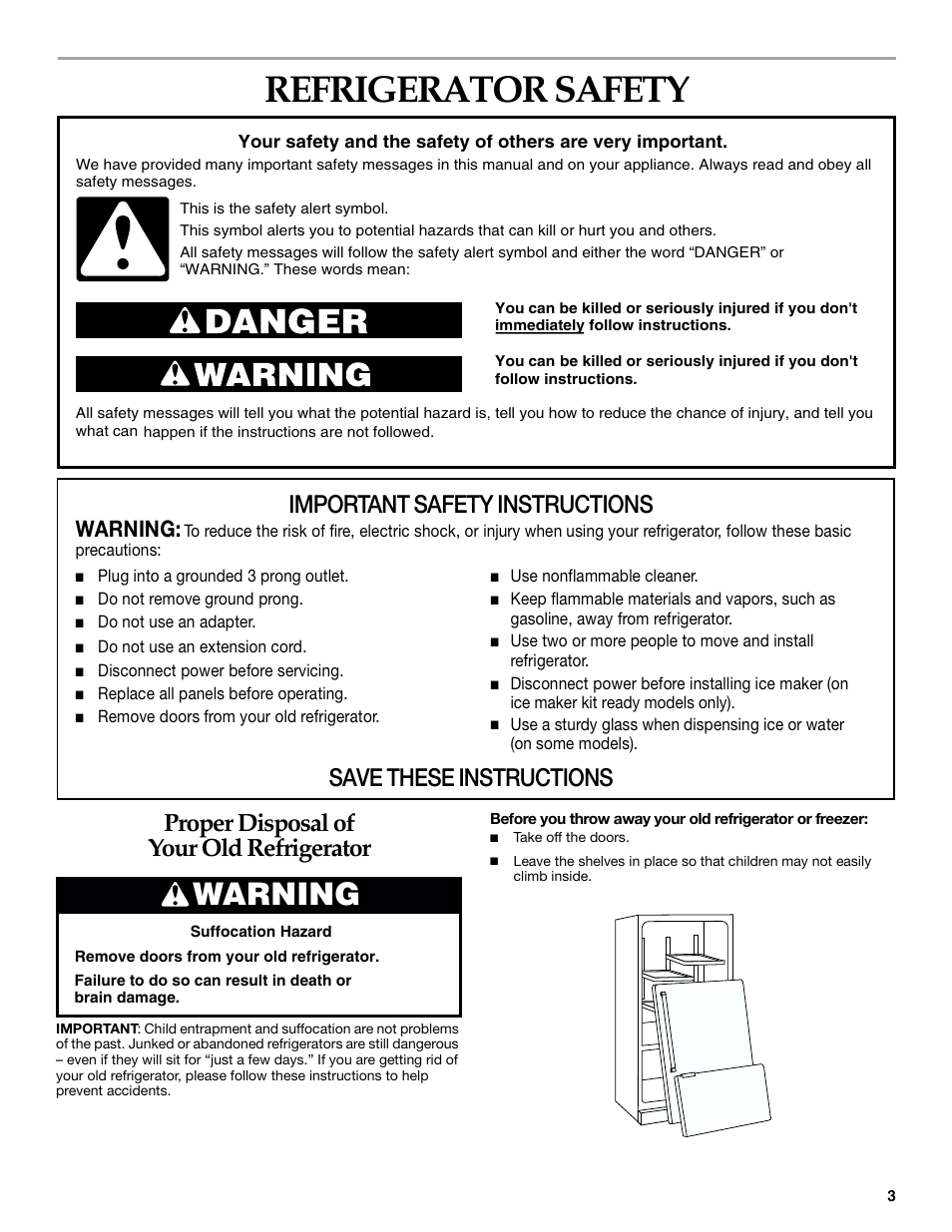 Safety, Refrigerator safety, Proper disposal of your old refrigerator | Important safety instructions, Save these instructions, Warning | KITCHENAID 2215851A User Manual | Page 3 / 51