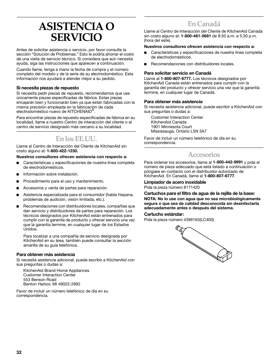 Asistencia o servicio, En los ee.uu, En canadá | Accesorios | KITCHENAID 2215851A User Manual | Page 31 / 51