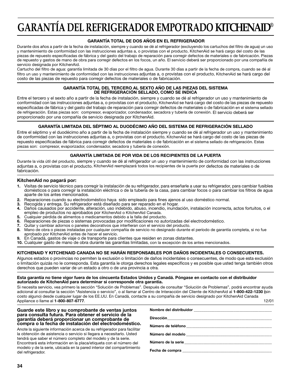 Garantía del refrigerador empotrado kitchenaid | KITCHENAID 2215851A User Manual | Page 33 / 51