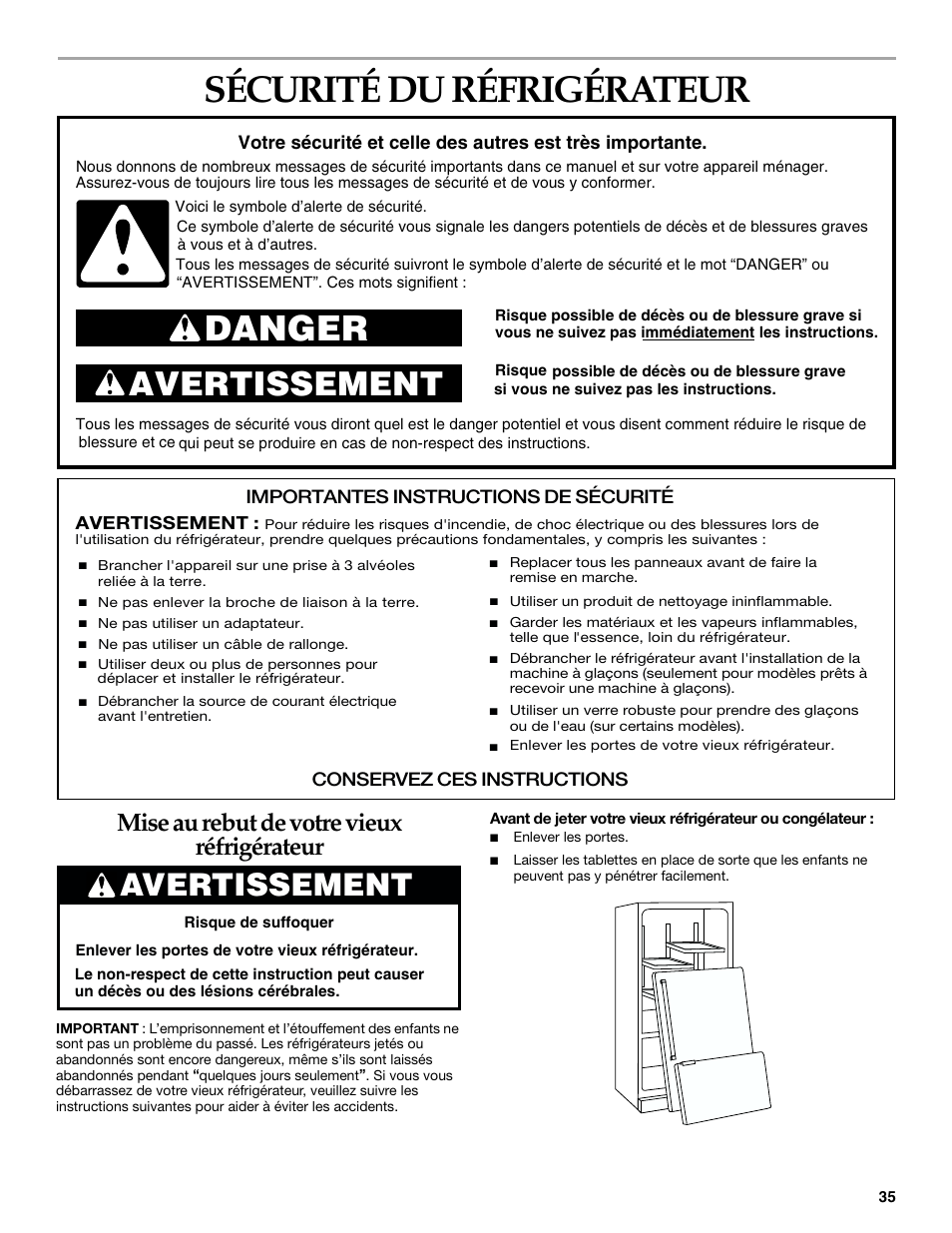 French version, Sécurité du réfrigérateur, Danger | Avertissement, Mise au rebut de votre vieux réfrigérateur | KITCHENAID 2215851A User Manual | Page 34 / 51