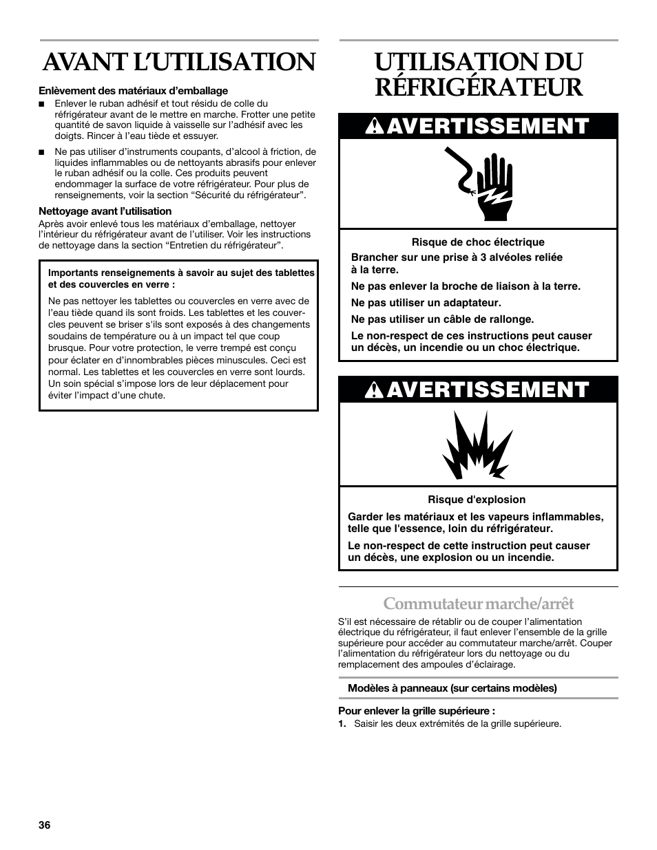 Avant l’utilisation, Utilisation du réfrigérateur, Avertissement | Commutateur marche/arrêt | KITCHENAID 2215851A User Manual | Page 35 / 51