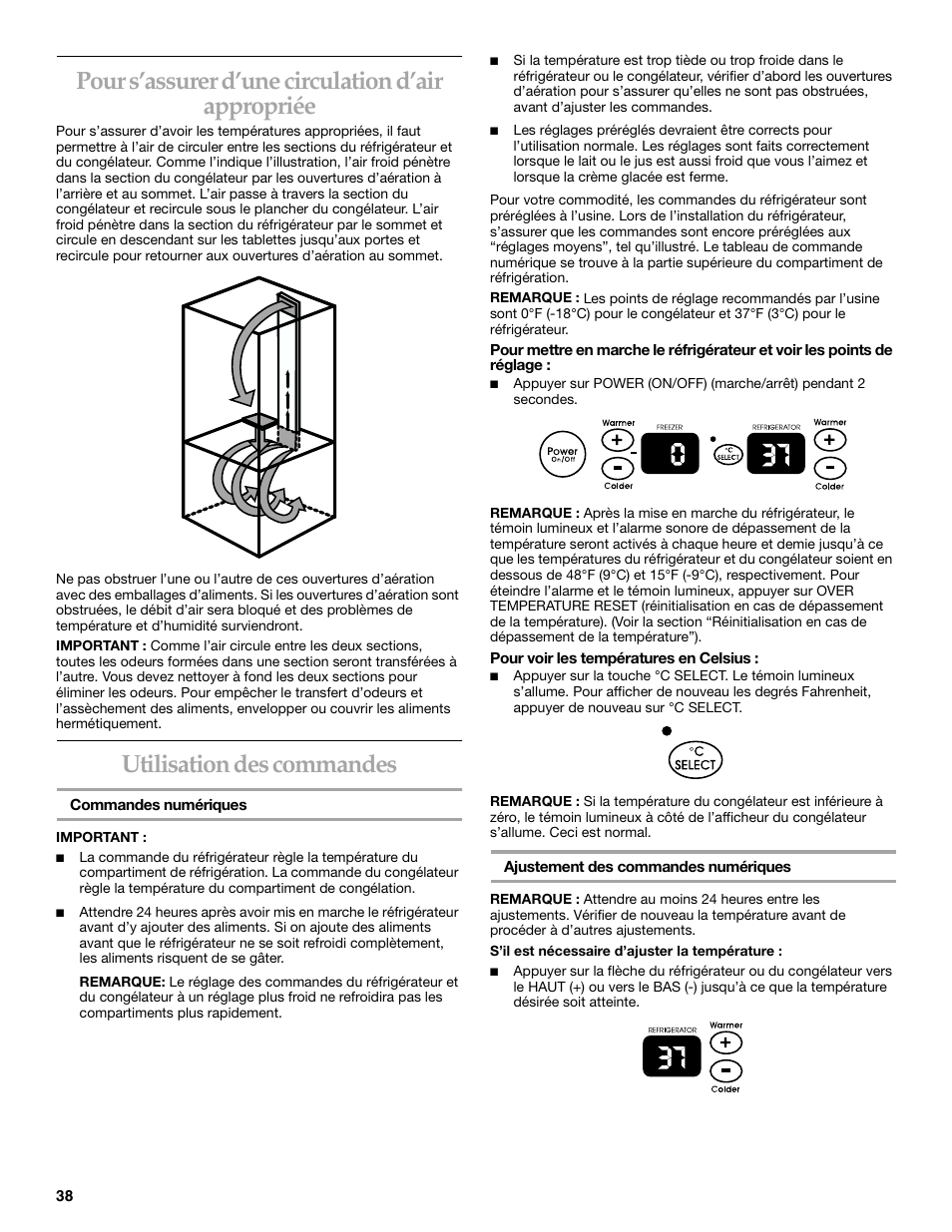 Pour s’assurer d’une circulation d’air appropriée, Utilisation des commandes | KITCHENAID 2215851A User Manual | Page 37 / 51