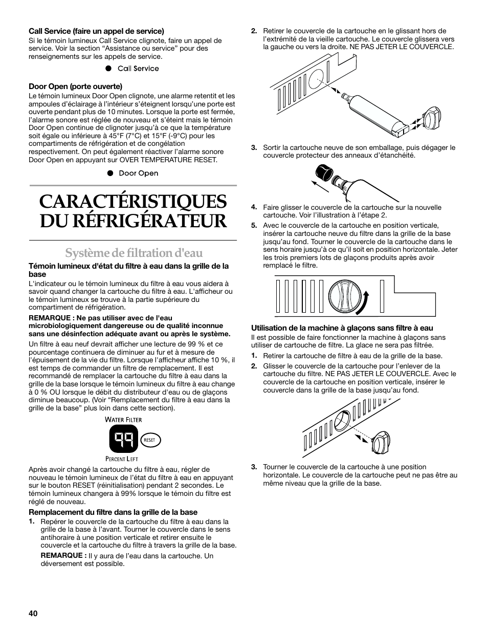 Caractéristiques du réfrigérateur, Système de filtration d'eau | KITCHENAID 2215851A User Manual | Page 39 / 51