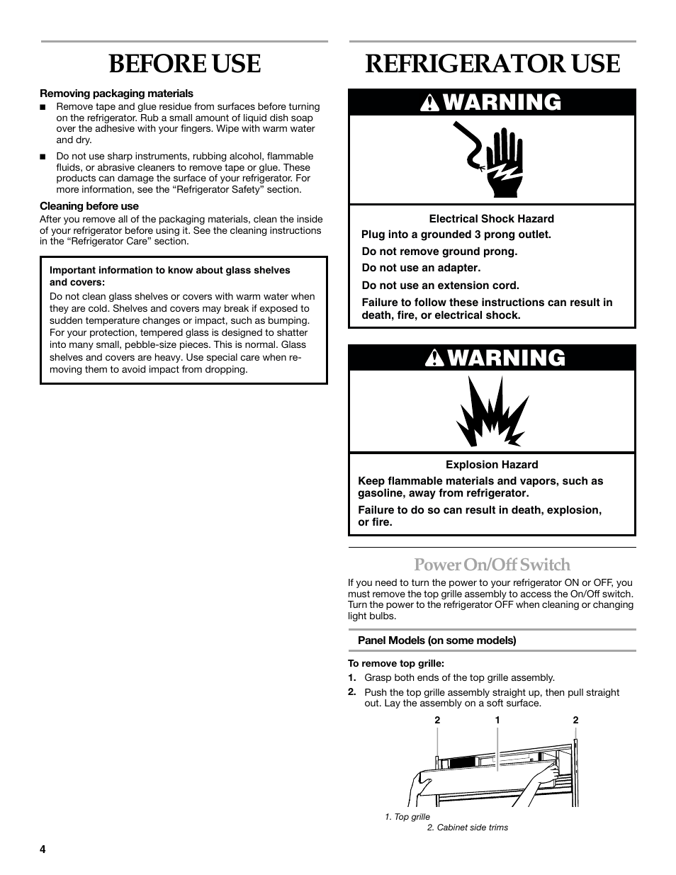 Before use, Refrigerator use, Warning | Power on/off switch | KITCHENAID 2215851A User Manual | Page 4 / 51