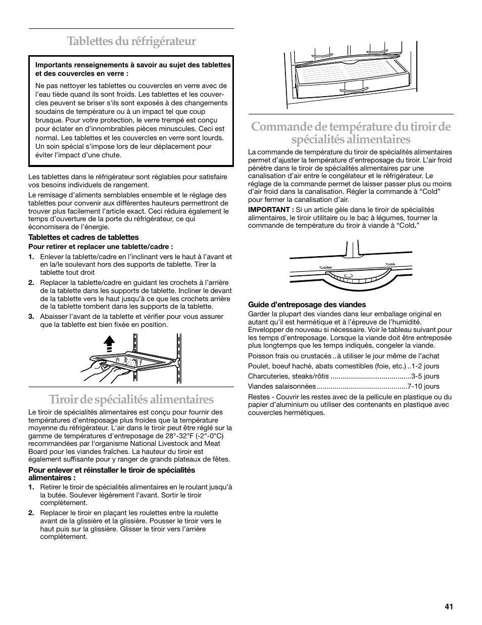 Tablettes du réfrigérateur, Tiroir de spécialités alimentaires | KITCHENAID 2215851A User Manual | Page 40 / 51