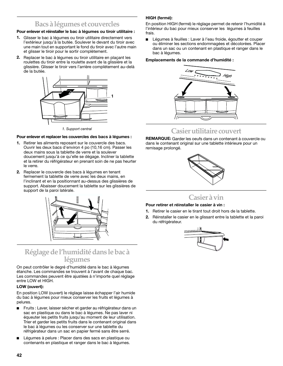 Bacs à légumes et couvercles, Réglage de l’humidité dans le bac à légumes, Casier utilitaire couvert | Casier à vin | KITCHENAID 2215851A User Manual | Page 41 / 51