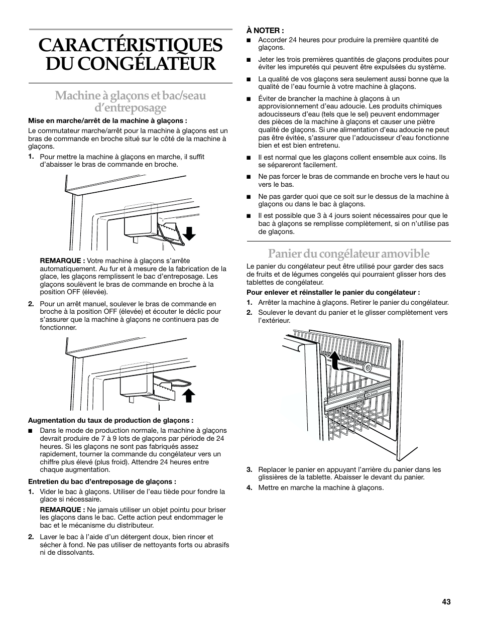 Caractéristiques du congélateur, Machine à glaçons et bac/seau d’entreposage, Panier du congélateur amovible | KITCHENAID 2215851A User Manual | Page 42 / 51