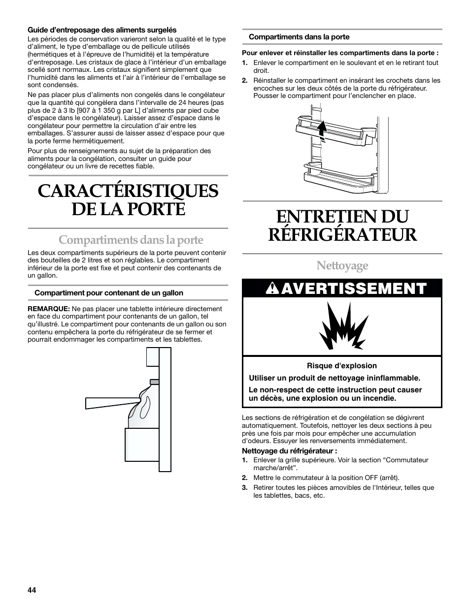 Caractéristiques de la porte, Entretien du réfrigérateur, Avertissement | Compartiments dans la porte, Nettoyage | KITCHENAID 2215851A User Manual | Page 43 / 51