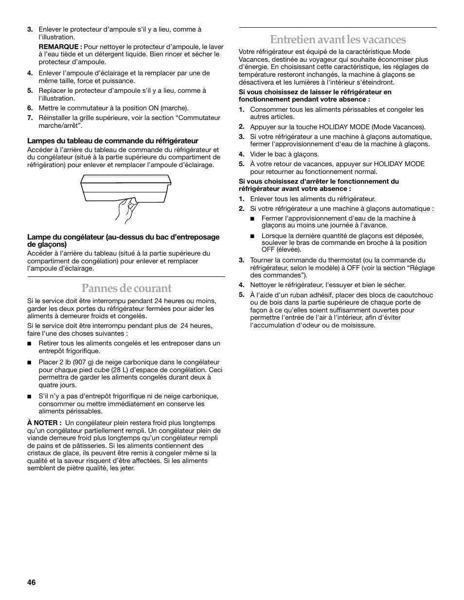 Pannes de courant, Entretien avant les vacances | KITCHENAID 2215851A User Manual | Page 45 / 51