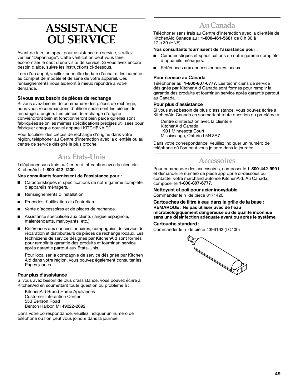 Assistance ou service, Aux états-unis, Au canada | Accessoires | KITCHENAID 2215851A User Manual | Page 48 / 51