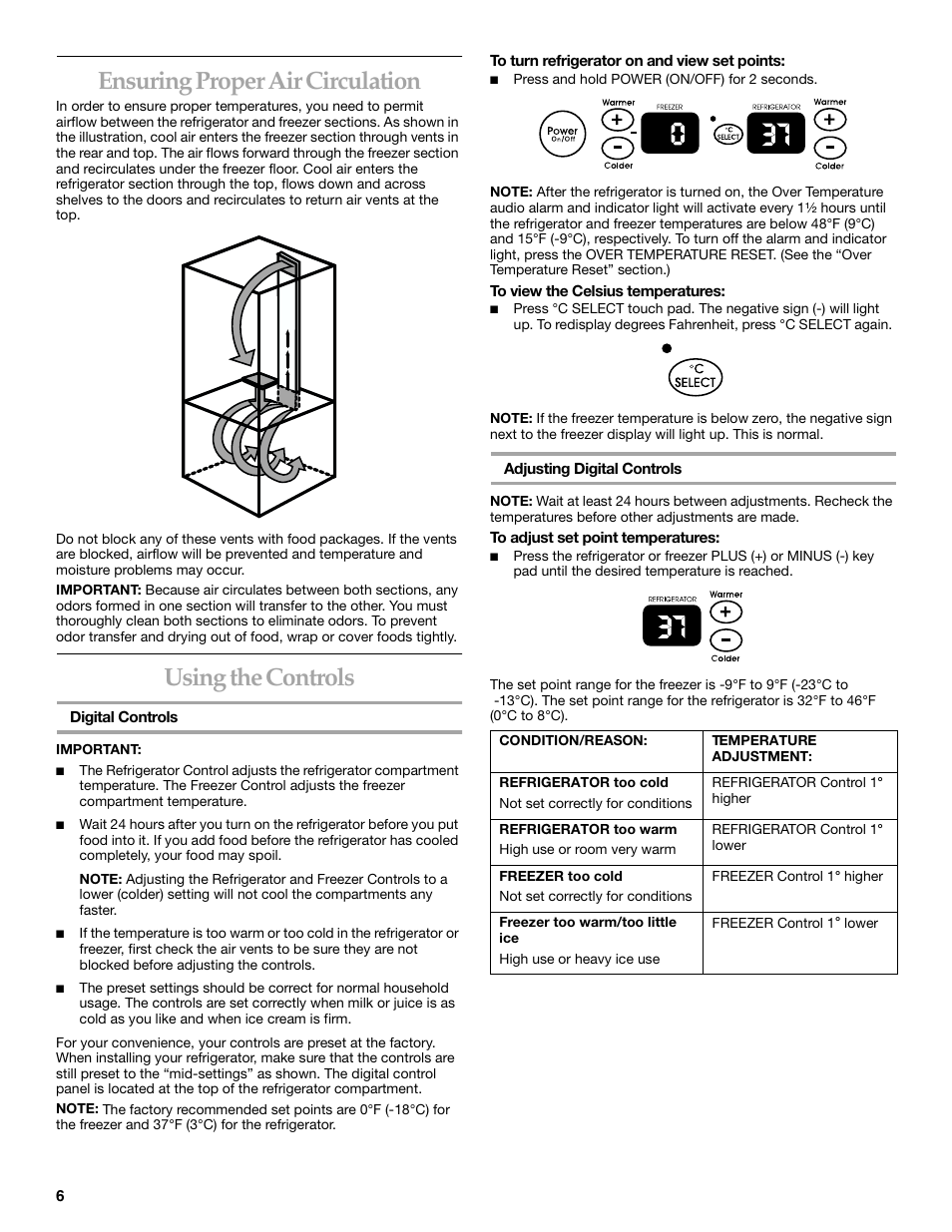 Ensuring proper air circulation, Using the controls | KITCHENAID 2215851A User Manual | Page 6 / 51