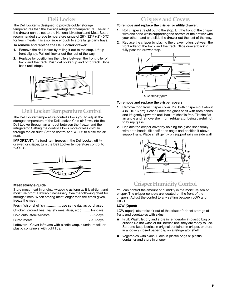 Deli locker, Deli locker temperature control, Crispers and covers | Crisper humidity control | KITCHENAID 2215851A User Manual | Page 9 / 51