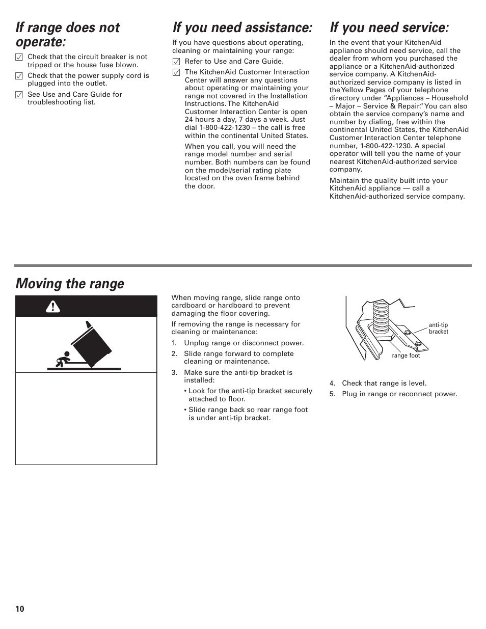 If range does not operate, If you need assistance, If you need service | Warning, Moving the range | KITCHENAID 9.76E+13 User Manual | Page 10 / 12