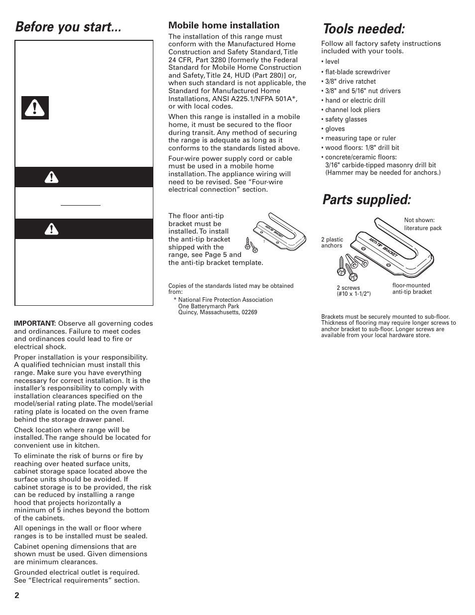 Before you start, Tools needed, Parts supplied | Warning, Danger | KITCHENAID 9.76E+13 User Manual | Page 2 / 12