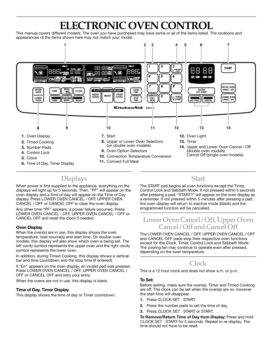 Electronic oven control, Displays, Start | Clock | KITCHENAID KEBS147 User Manual | Page 6 / 24