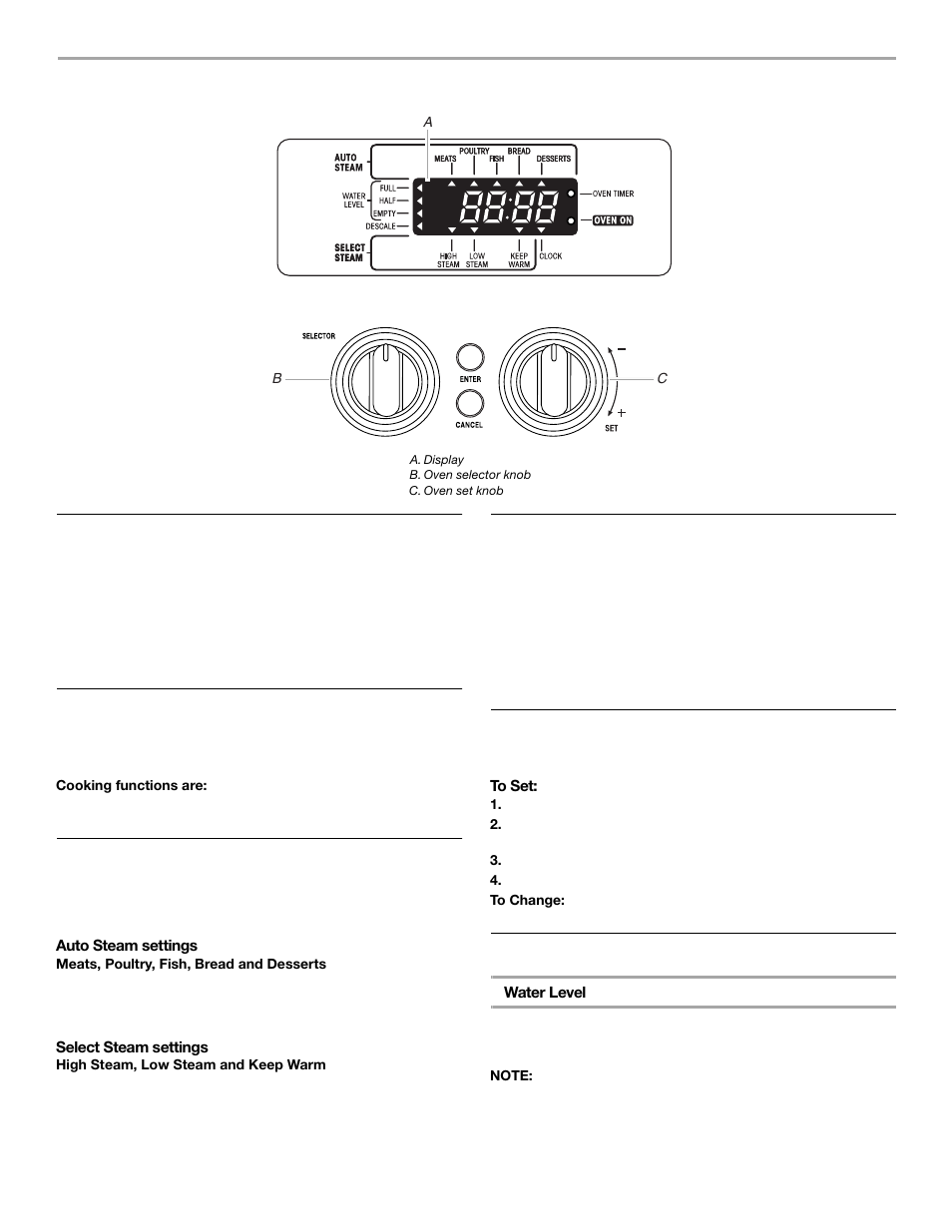 Electronic oven control, First use/power interruption, Oven selector knob | Oven set knob, Enter and cancel, Clock, Water usage for steam functions | KITCHENAID 9761936 User Manual | Page 11 / 36