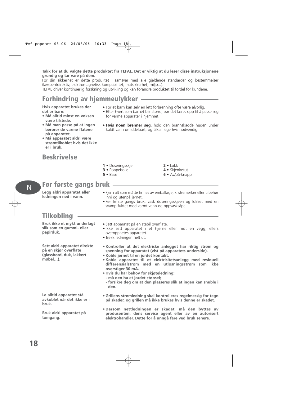 Norwegian, Forhindring av hjemmeulykker, Beskrivelse | Før første gangs bruk, Tilkobling | Tefal KD100 User Manual | Page 18 / 36