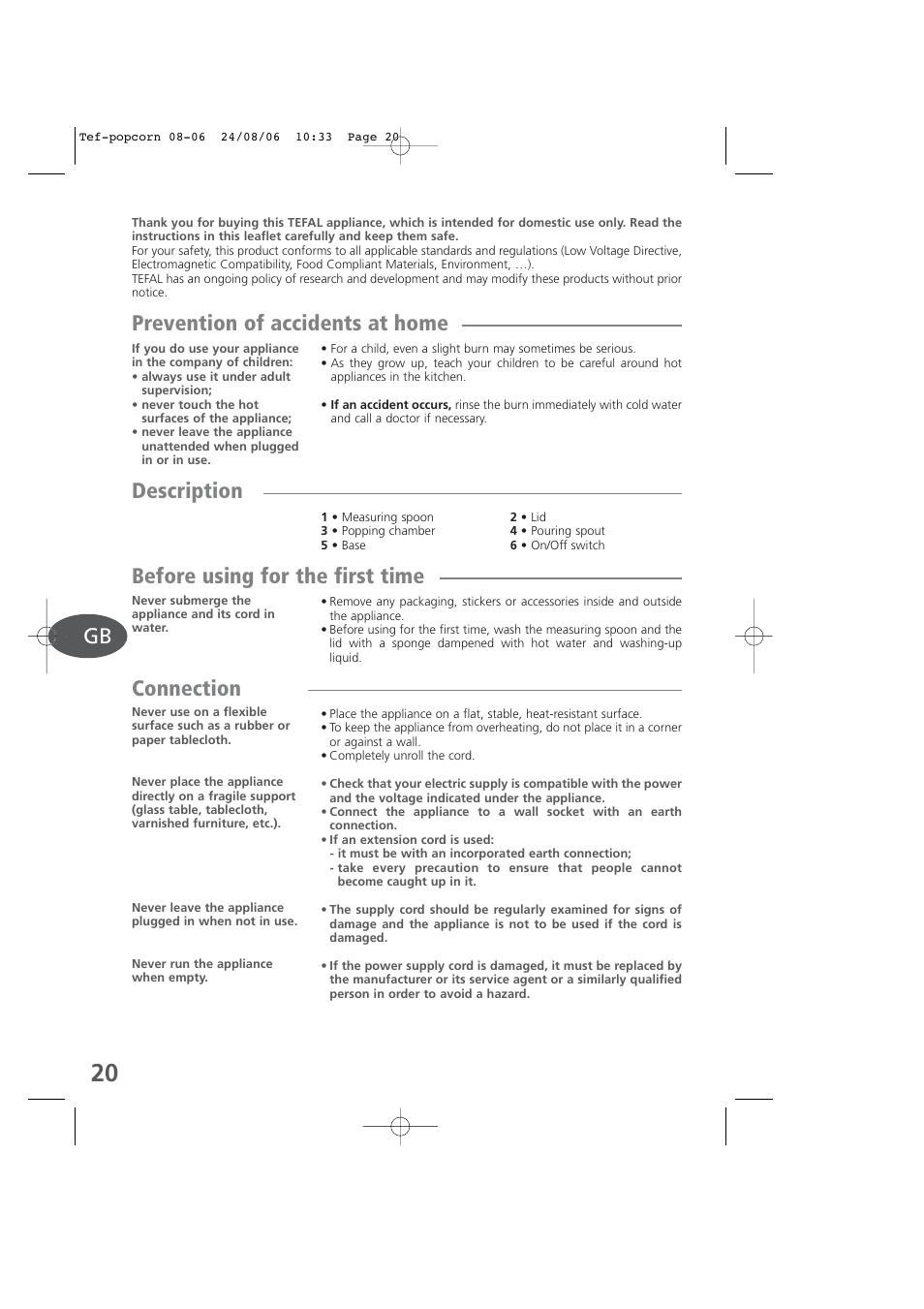 English, Prevention of accidents at home, Description | Before using for the first time, Connection | Tefal KD100 User Manual | Page 20 / 36