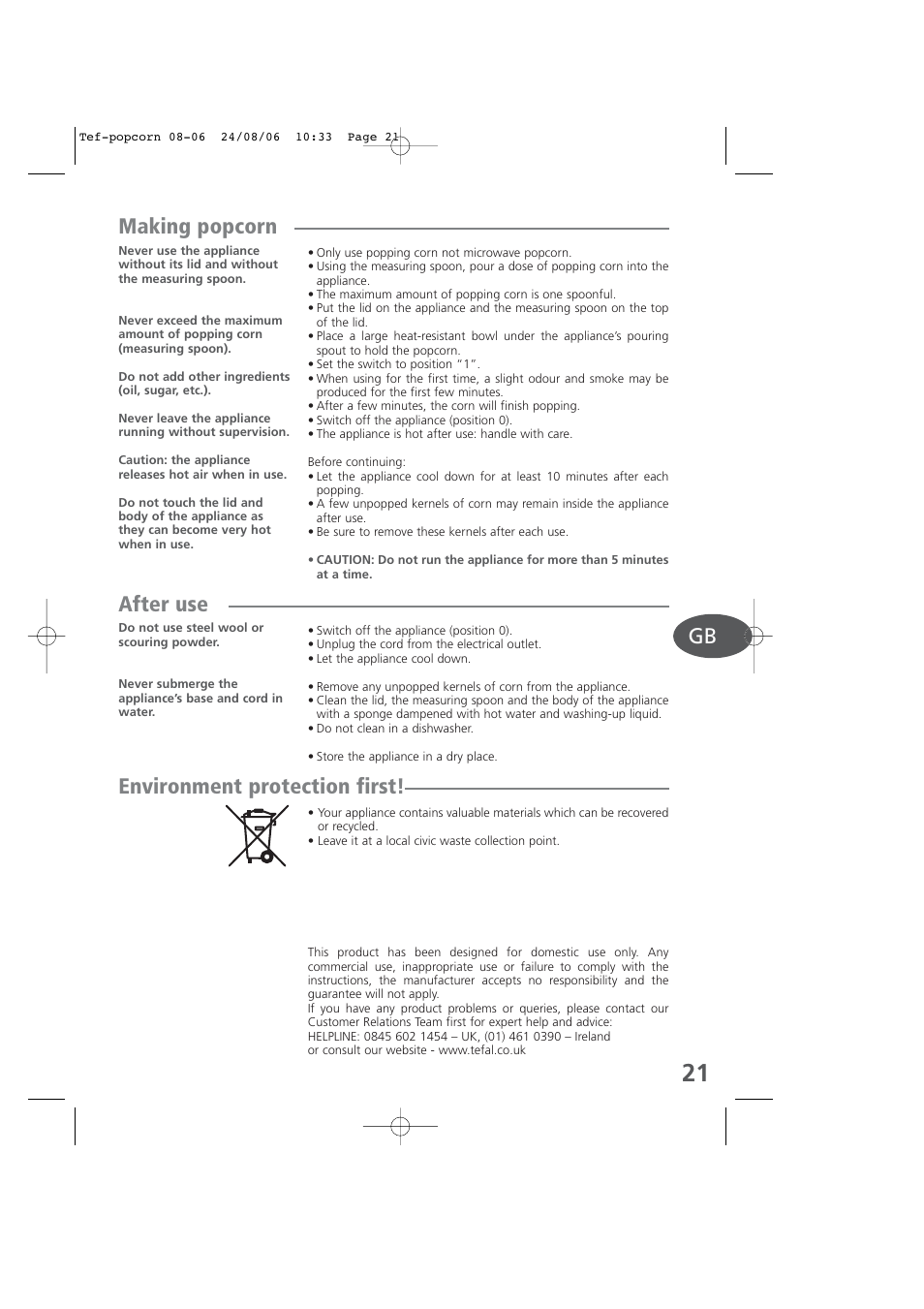 Making popcorn, After use, Environment protection first | Tefal KD100 User Manual | Page 21 / 36
