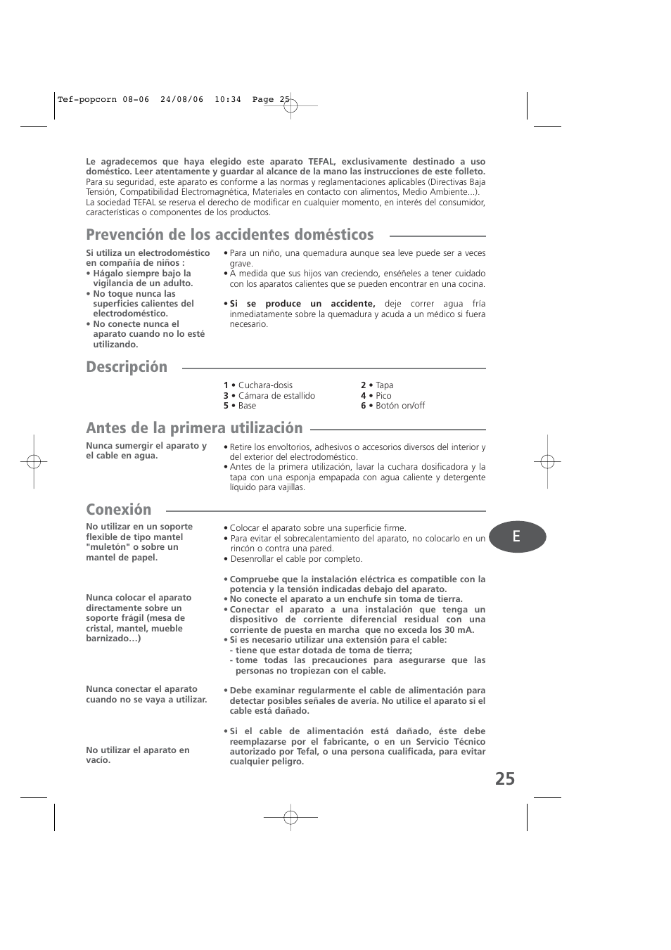 Spanish, Prevención de los accidentes domésticos, Descripción | Antes de la primera utilización, Conexión | Tefal KD100 User Manual | Page 25 / 36