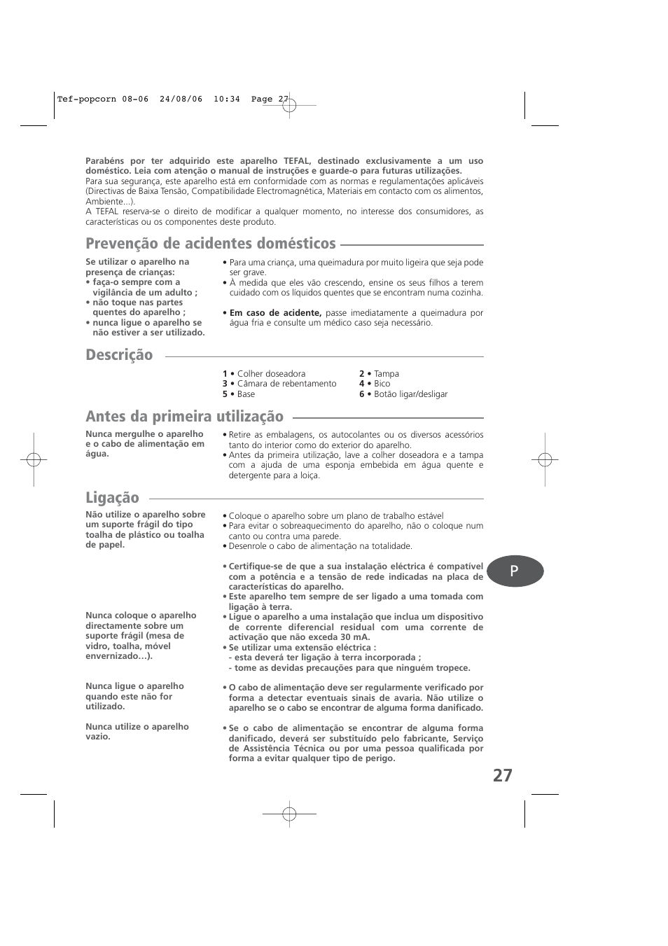 Portuguese, Prevenção de acidentes domésticos, Descrição | Antes da primeira utilização, Ligação | Tefal KD100 User Manual | Page 27 / 36