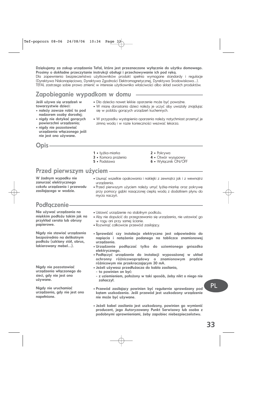 Polish, Zapobieganie wypadkom w domu, Opis | Przed pierwszym użyciem, Podłączenie | Tefal KD100 User Manual | Page 33 / 36