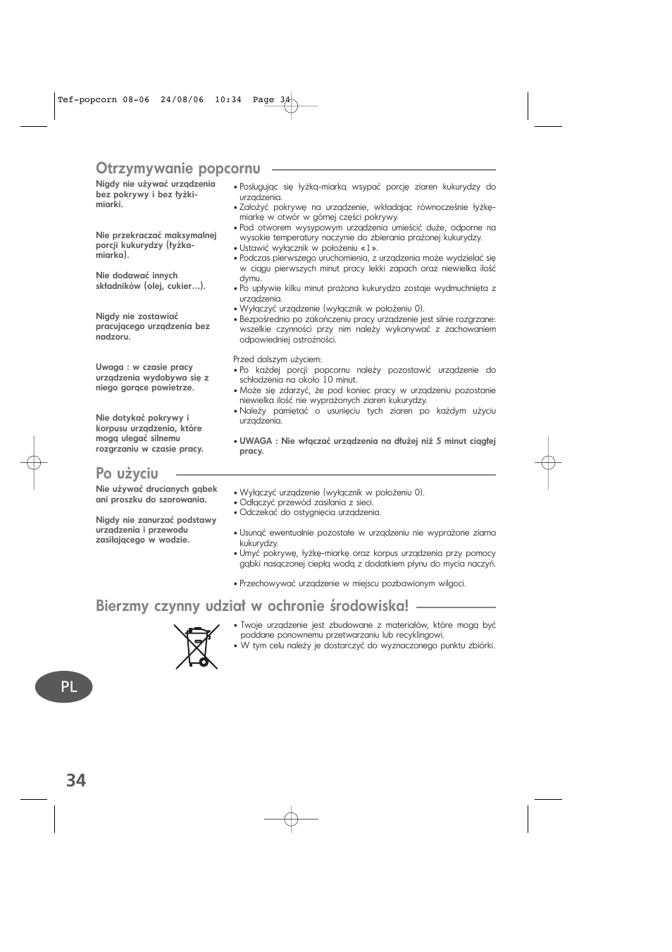 Po użyciu, Bierzmy czynny udział w ochronie środowiska | Tefal KD100 User Manual | Page 34 / 36