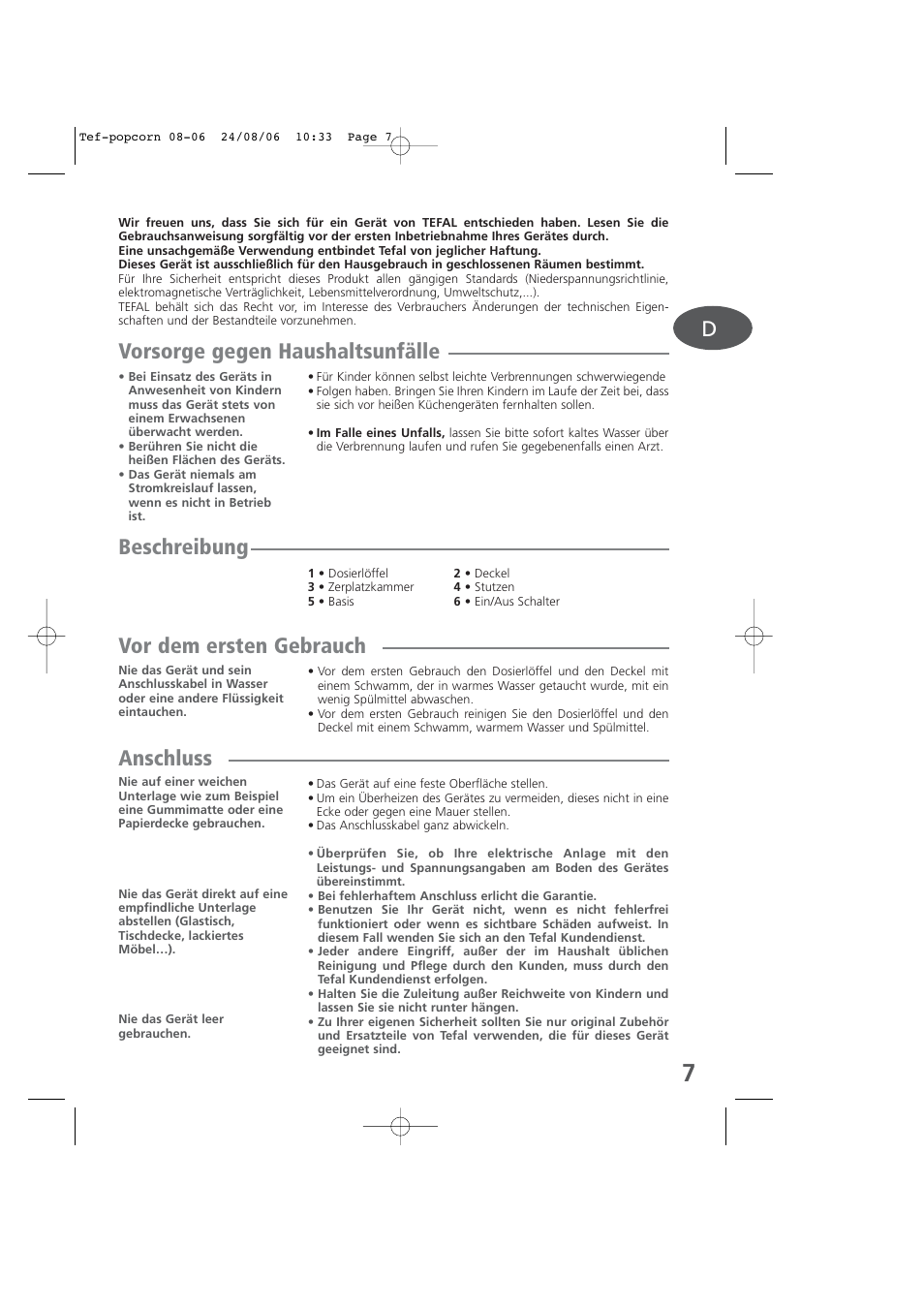 German, Vorsorge gegen haushaltsunfälle, Beschreibung | Vor dem ersten gebrauch, Anschluss | Tefal KD100 User Manual | Page 7 / 36
