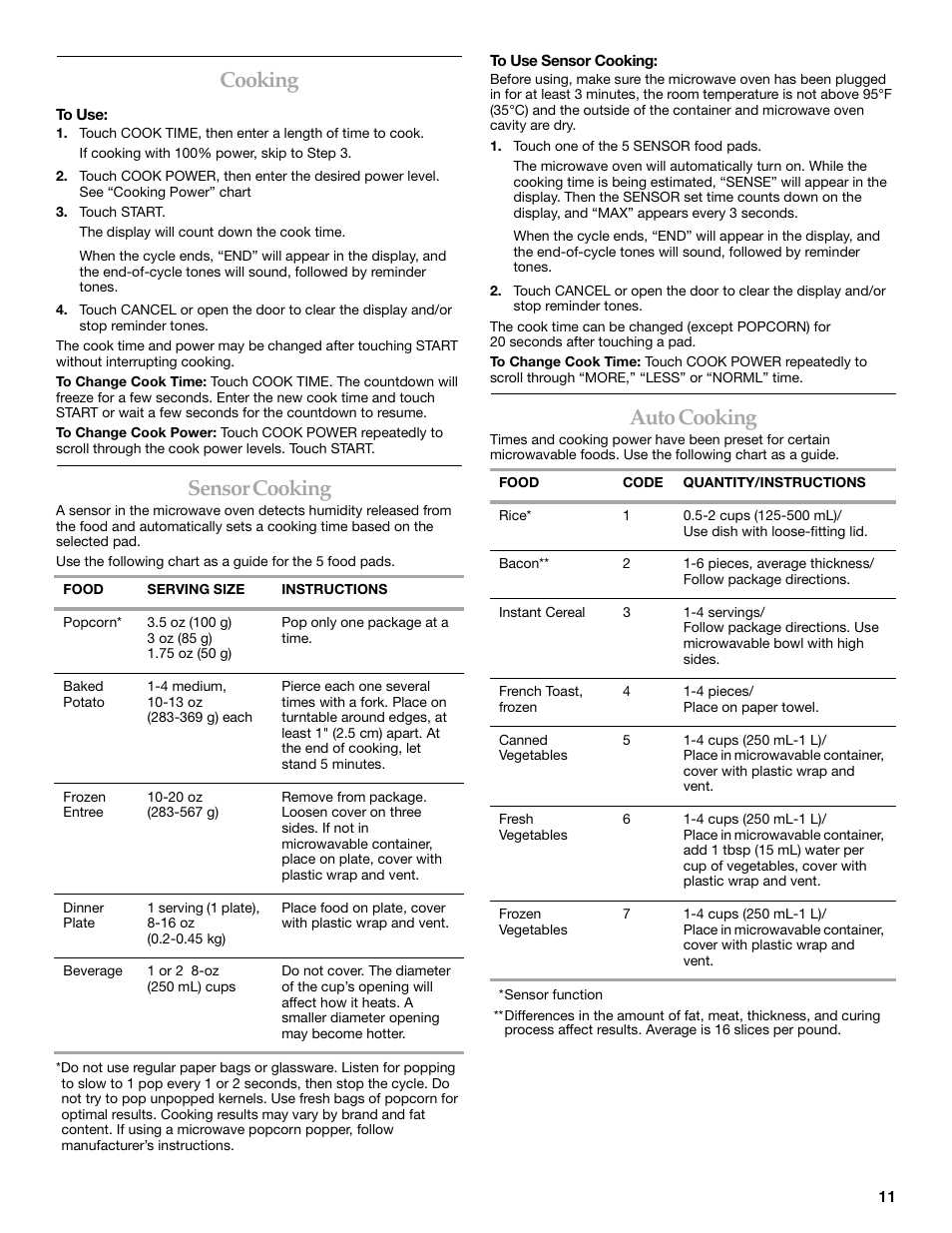 Cooking, Sensor cooking, Auto cooking | KITCHENAID KHMS155L User Manual | Page 11 / 20