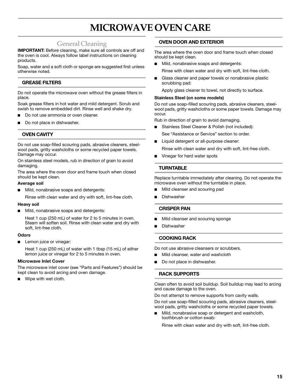 Microwave oven care, General cleaning | KITCHENAID KHMS155L User Manual | Page 15 / 20