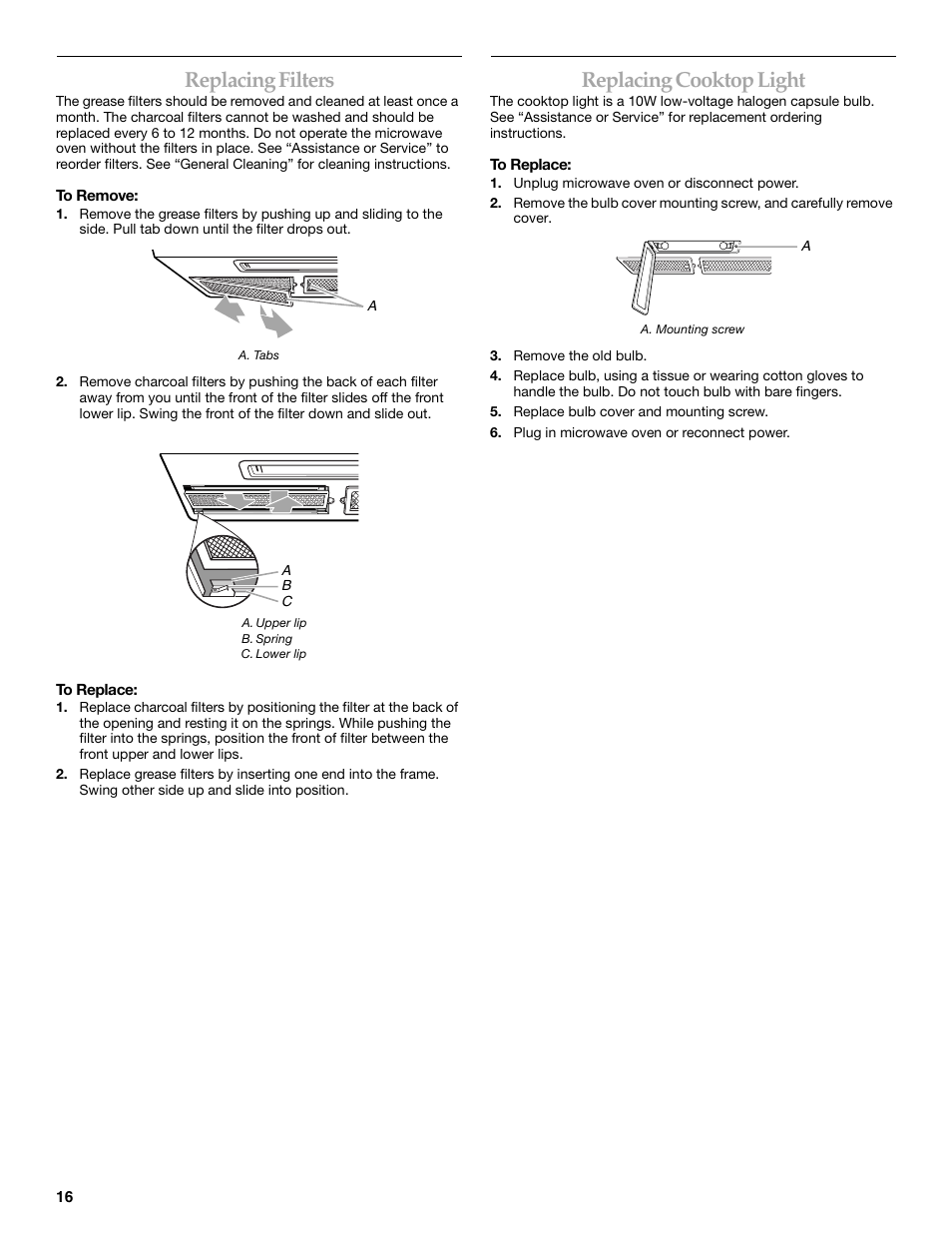 Replacing filters, Replacing cooktop light | KITCHENAID KHMS155L User Manual | Page 16 / 20