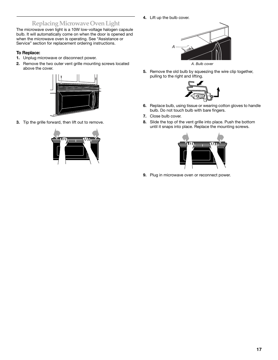 Replacing microwave oven light | KITCHENAID KHMS155L User Manual | Page 17 / 20