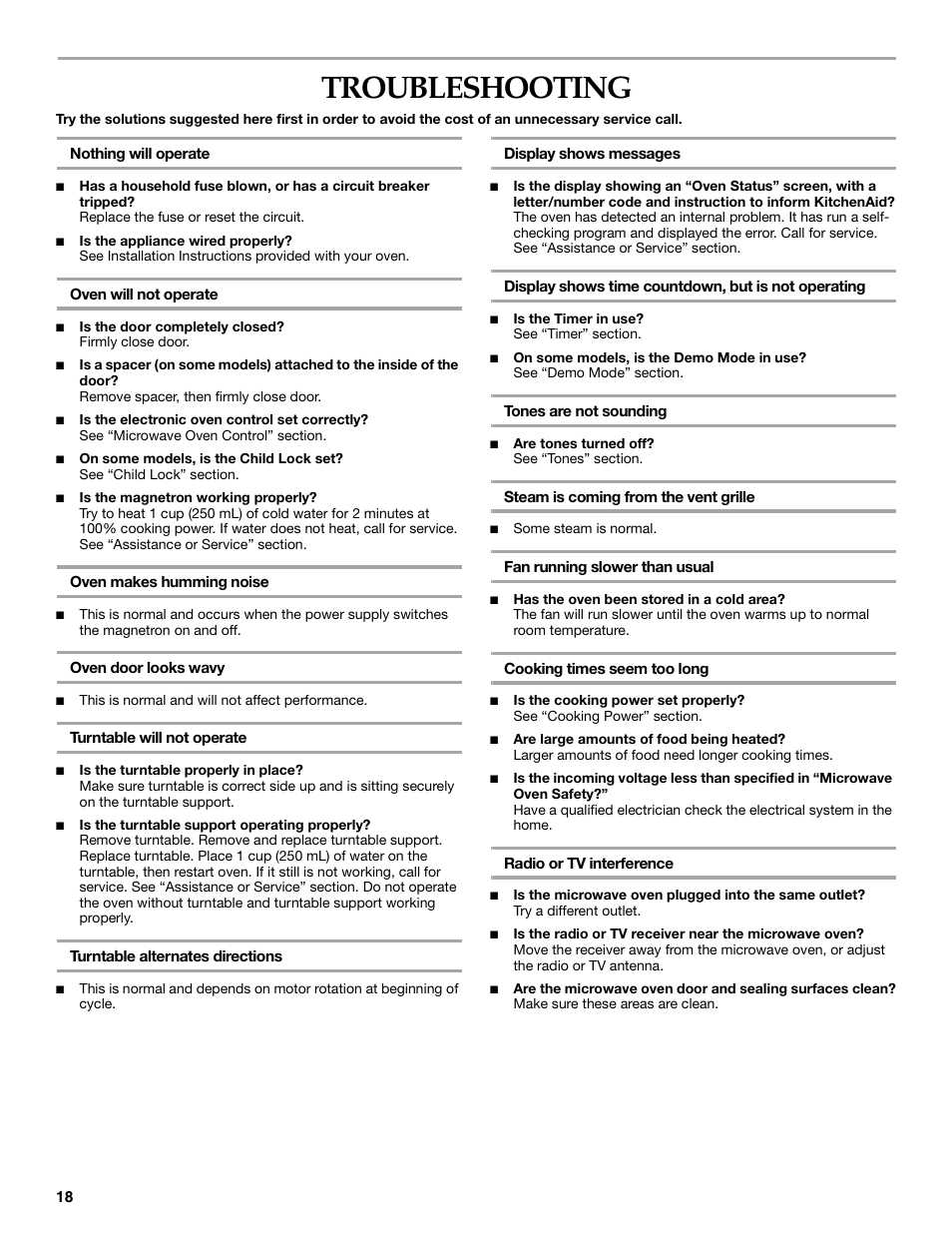 Troubleshooting | KITCHENAID KHMS155L User Manual | Page 18 / 20