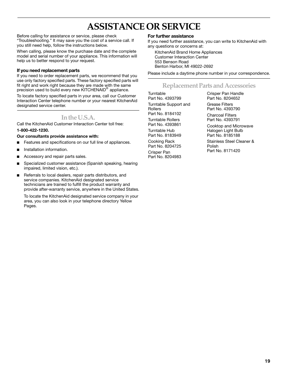 Assistance or service, Replacement parts and accessories | KITCHENAID KHMS155L User Manual | Page 19 / 20
