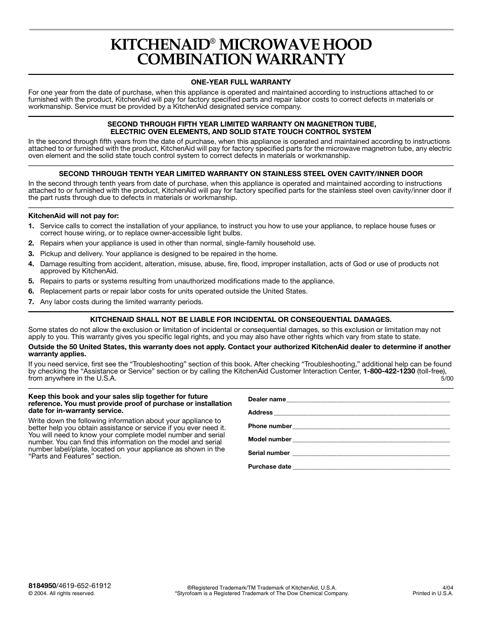Kitchenaid, Microwave hood combination warranty | KITCHENAID KHMS155L User Manual | Page 20 / 20