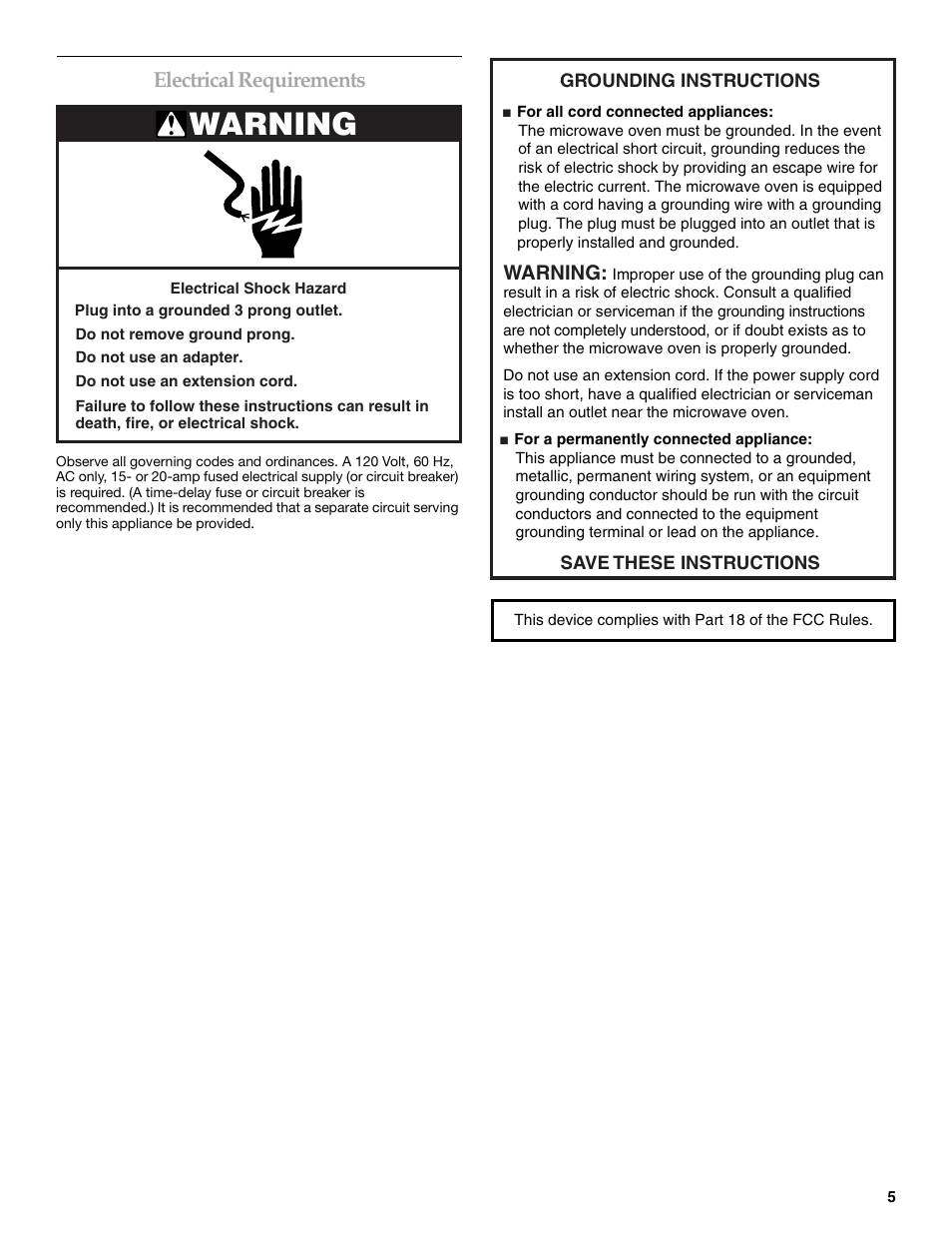 Warning, Electrical requirements | KITCHENAID KHMS155L User Manual | Page 5 / 20