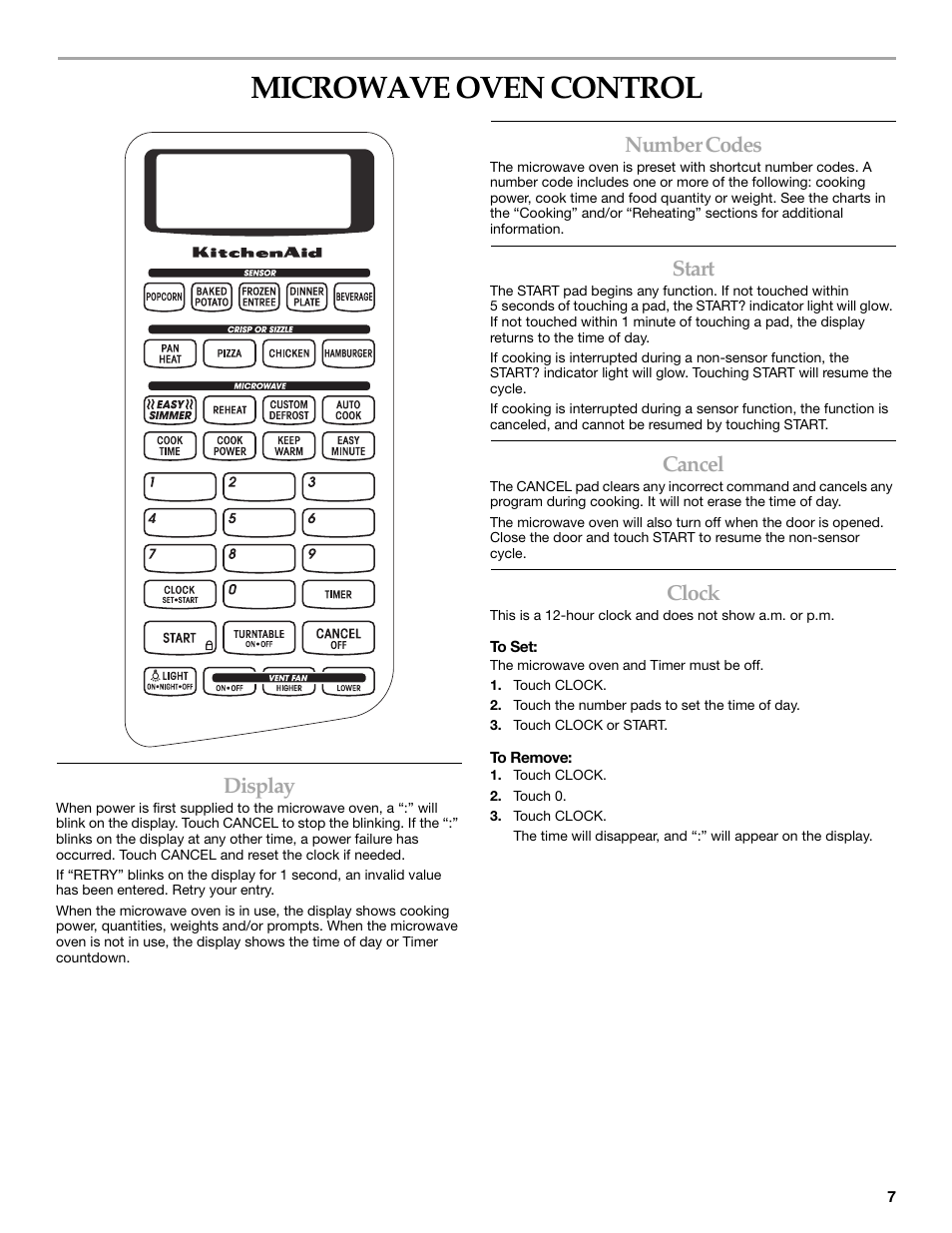 Microwave oven control, Display, Number codes | Start, Cancel, Clock | KITCHENAID KHMS155L User Manual | Page 7 / 20