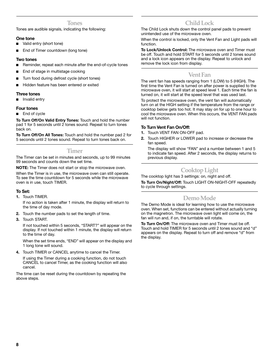 Tones, Timer, Child lock | Vent fan, Cooktop light, Demo mode | KITCHENAID KHMS155L User Manual | Page 8 / 20