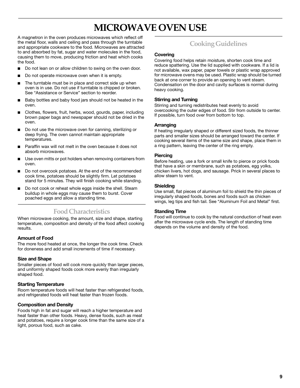 Microwave oven use, Food characteristics, Cooking guidelines | KITCHENAID KHMS155L User Manual | Page 9 / 20