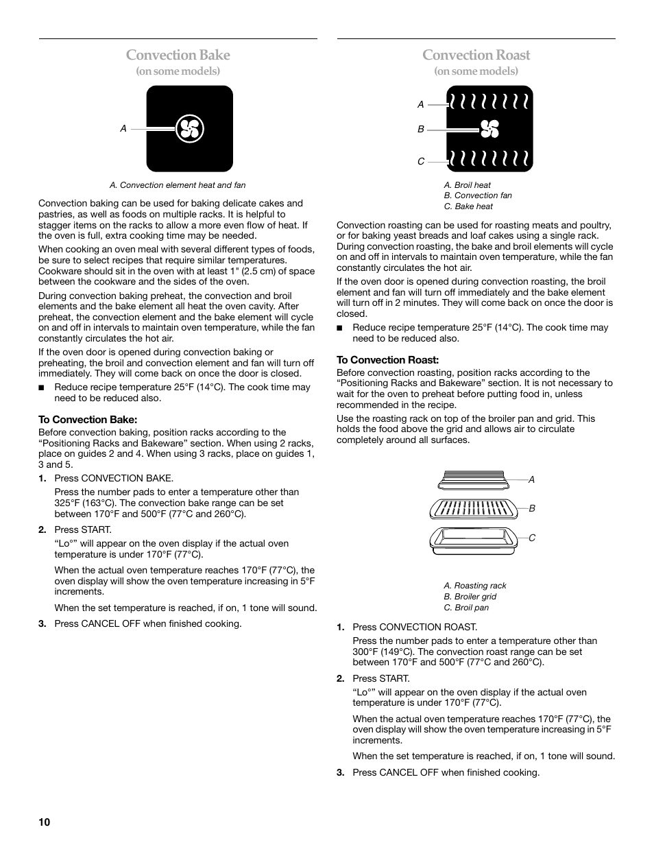 Convection bake, Convection roast | KITCHENAID KEHC309 User Manual | Page 10 / 20