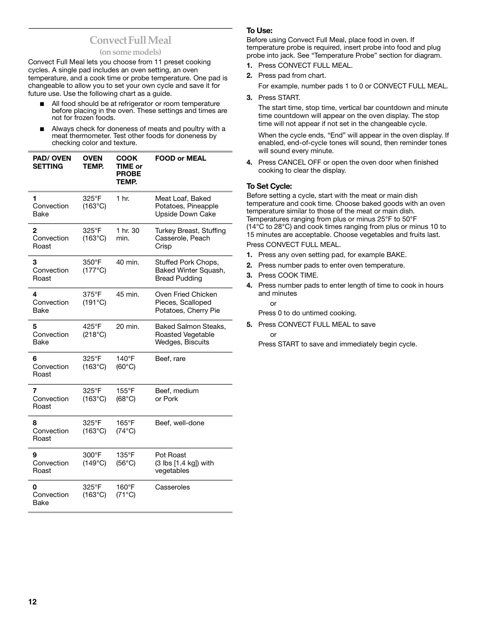 Convect full meal | KITCHENAID KEHC309 User Manual | Page 12 / 20