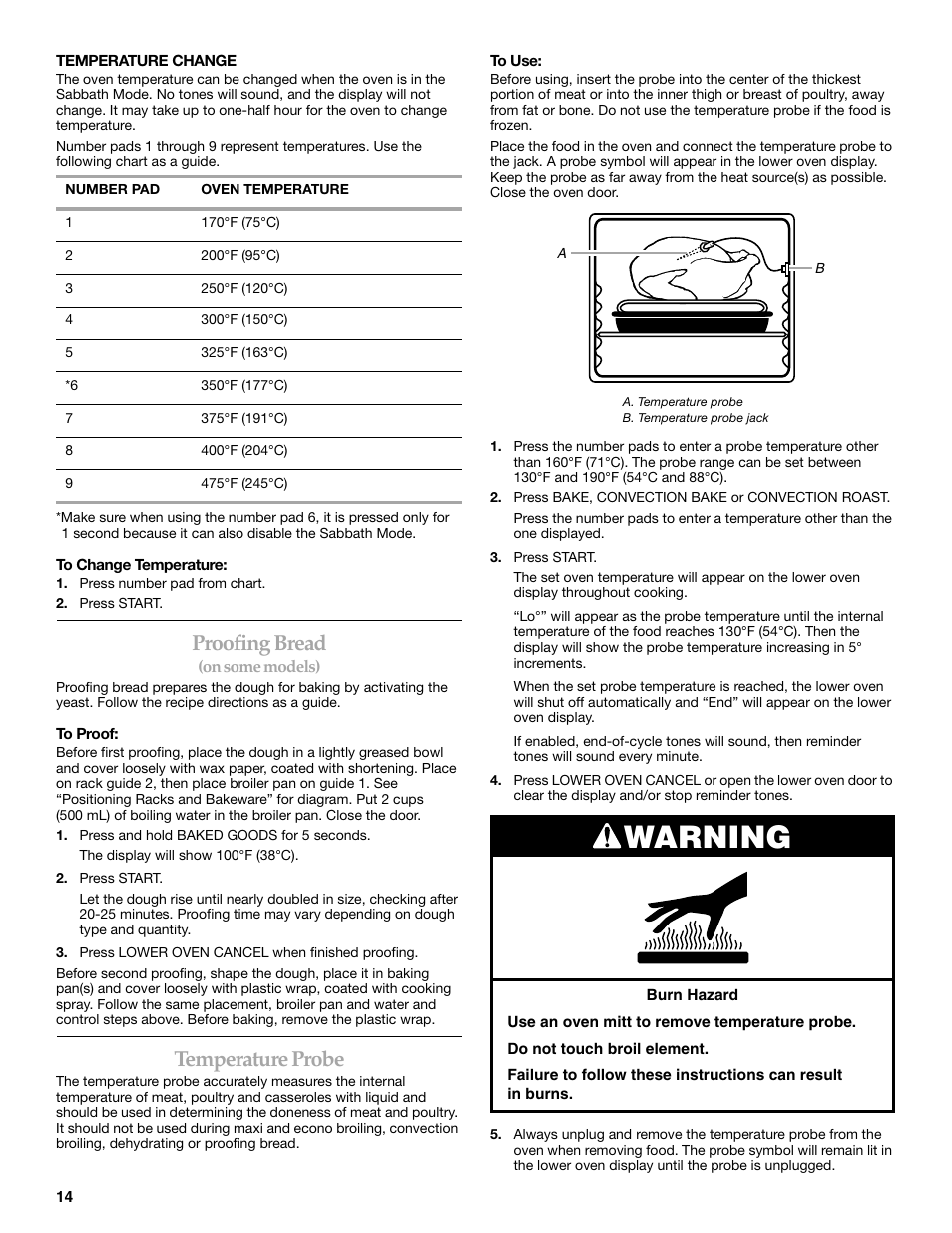 Warning, Proofing bread, Temperature probe | KITCHENAID KEHC309 User Manual | Page 14 / 20