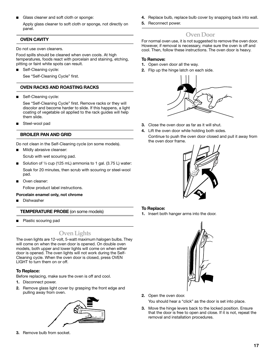 Oven lights, Oven door | KITCHENAID KEHC309 User Manual | Page 17 / 20