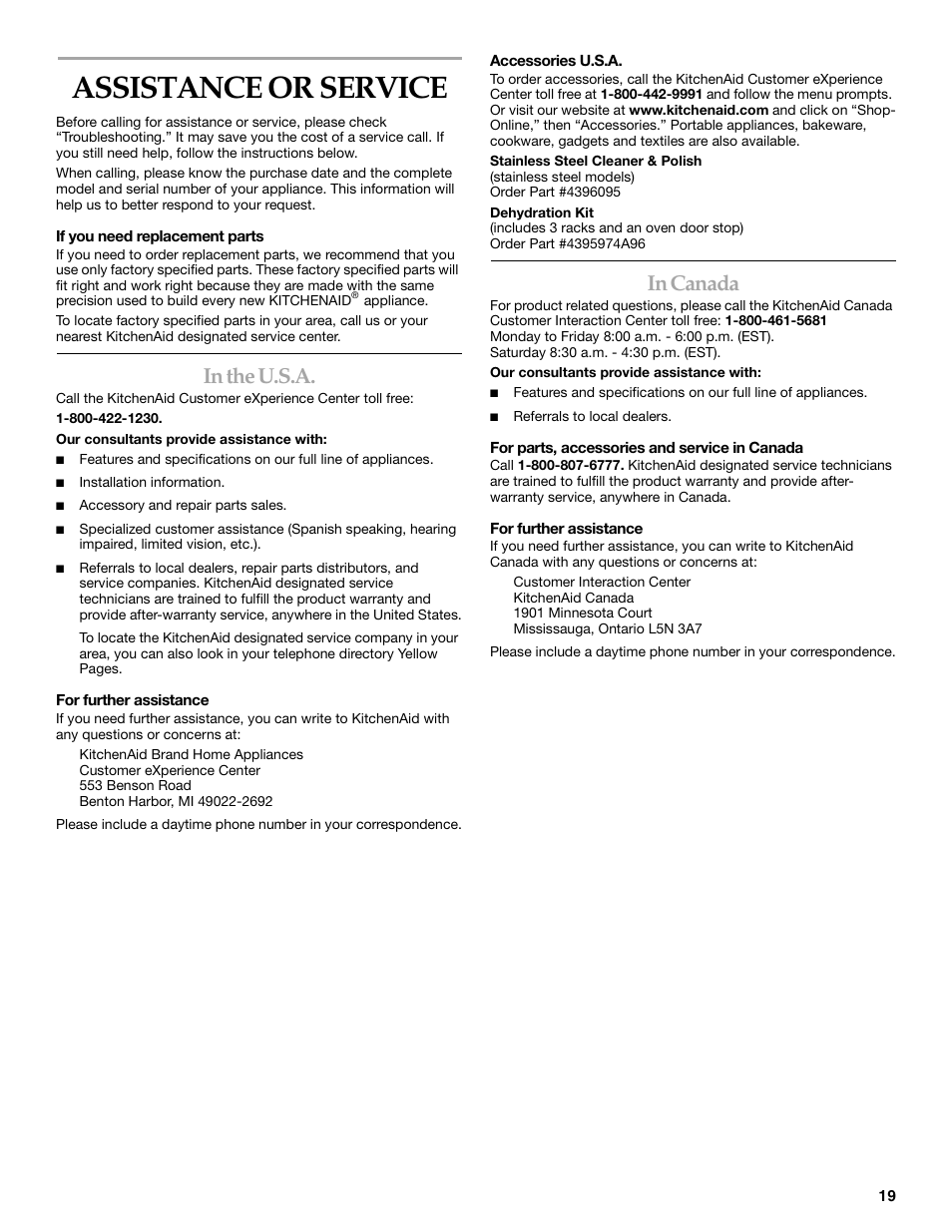 Assistance or service | KITCHENAID KEHC309 User Manual | Page 19 / 20