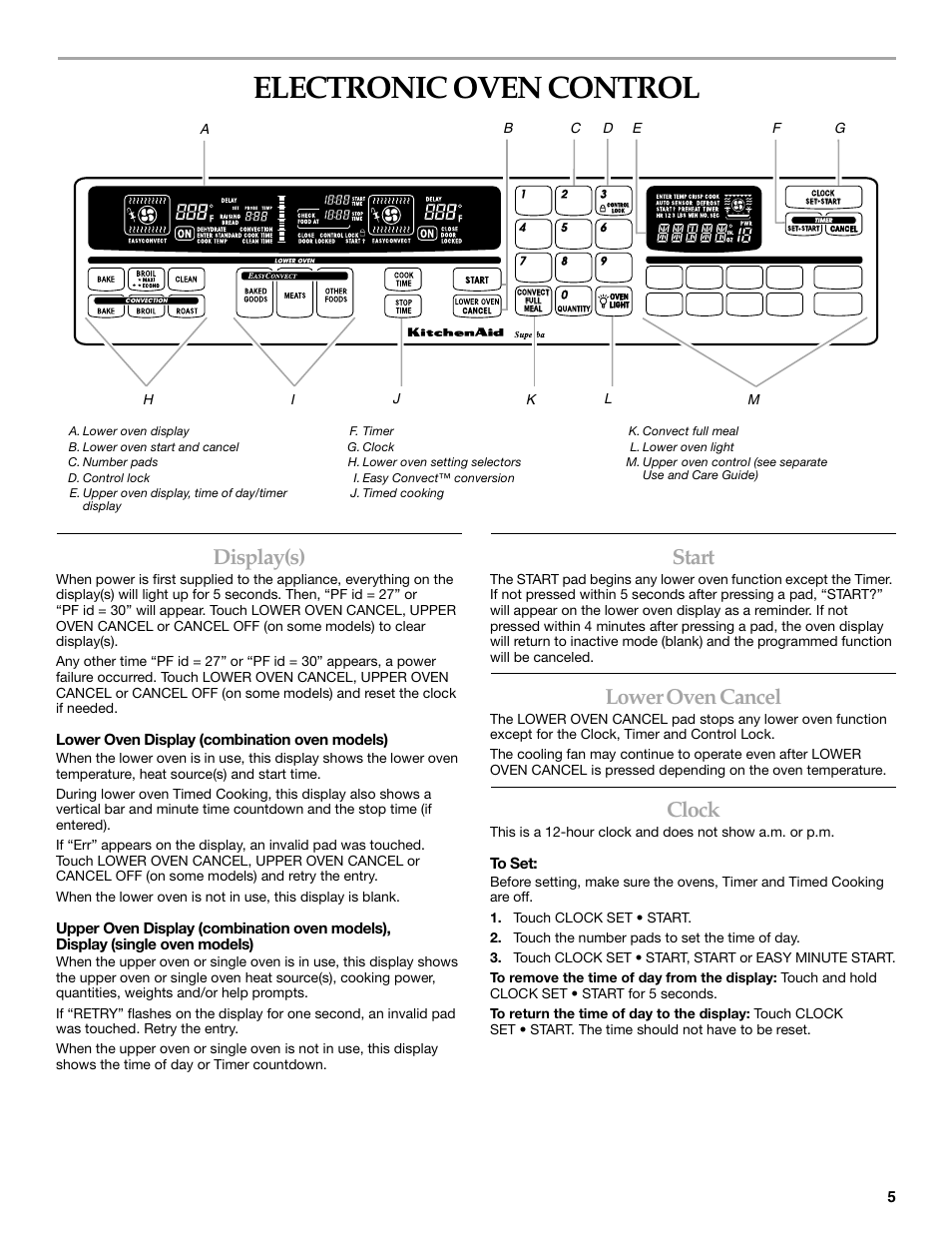 Electronic oven control, Display(s), Start | Lower oven cancel, Clock | KITCHENAID KEHC309 User Manual | Page 5 / 20