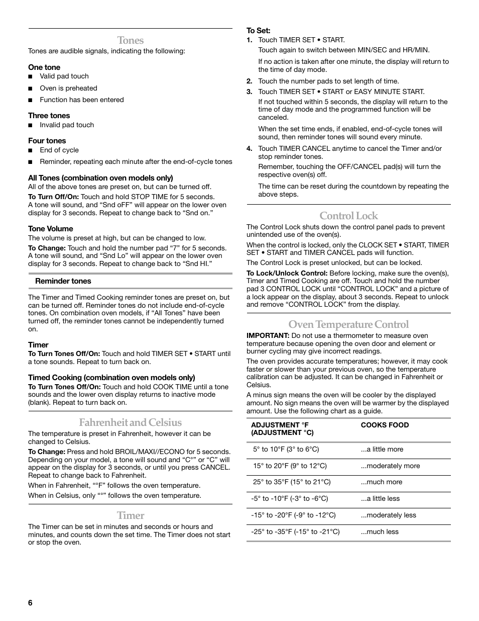 Tones, Fahrenheit and celsius, Timer | Control lock, Oven temperature control | KITCHENAID KEHC309 User Manual | Page 6 / 20